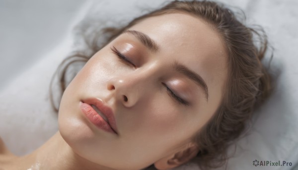 1girl, solo, brown hair, closed eyes, lying, parted lips, on back, lips, pillow, sleeping, portrait, realistic