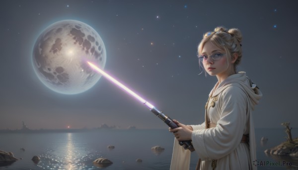 1girl,solo,short hair,blue eyes,blonde hair,long sleeves,holding,closed mouth,upper body,weapon,outdoors,sky,glasses,sword,hood,wide sleeves,water,hair bun,holding weapon,lips,gun,night,ocean,holding sword,moon,single hair bun,hood down,star (sky),cloak,full moon,starry sky,science fiction,robe,rock,round eyewear,planet,energy sword,white robe,lightsaber,looking at viewer,parted lips,from side,coat,night sky,scenery,freckles,realistic,nose,horizon