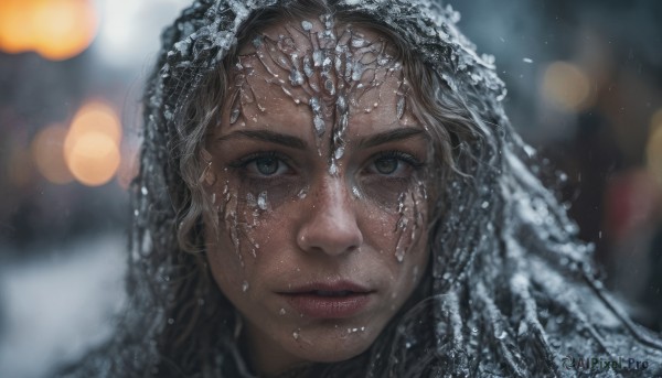 A ethereal snowy outdoors featuring a female