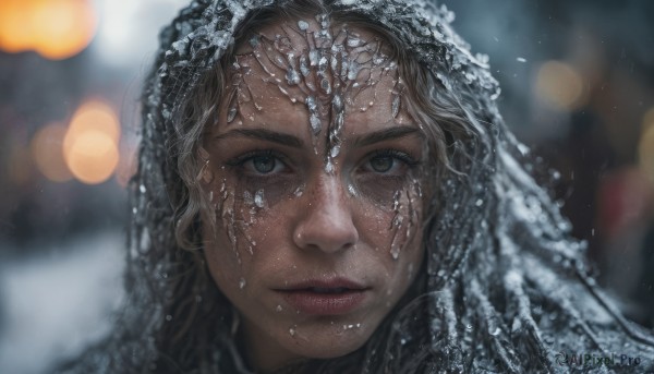 1girl,solo,long hair,looking at viewer,brown hair,brown eyes,outdoors,parted lips,artist name,water,blurry,lips,wet,eyelashes,depth of field,blurry background,portrait,snow,freckles,snowing,realistic,nose,bokeh,black hair,hair ornament,grey hair,dark skin,mole,dark-skinned female,grey eyes,veil,mole under mouth,close-up,mole on cheek