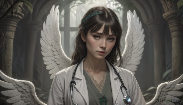 1girl,solo,long hair,looking at viewer,bangs,brown hair,brown eyes,upper body,hairband,parted lips,wings,indoors,blurry,tree,lips,window,feathered wings,angel wings,realistic,white wings,labcoat,angel,stethoscope,doctor,closed mouth,collarbone,plant