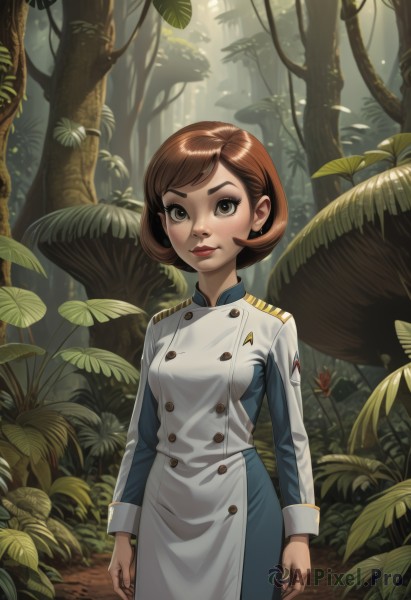 1girl,solo,breasts,looking at viewer,short hair,brown hair,long sleeves,brown eyes,jewelry,closed mouth,standing,cowboy shot,earrings,outdoors,uniform,tree,lips,military,military uniform,makeup,buttons,swept bangs,leaf,plant,lipstick,nature,forest,arms at sides,red lips,double-breasted,stud earrings,mushroom,smile,bangs,dress,eyelashes,thick eyebrows,epaulettes,nose