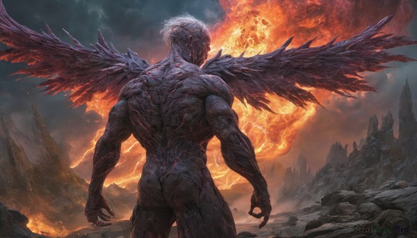 solo,1boy,standing,ass,white hair,male focus,nude,cowboy shot,outdoors,wings,horns,sky,teeth,cloud,from behind,muscular,glowing,back,cloudy sky,fire,muscular male,claws,smoke,black wings,veins,monster,rock,mountain,facing away,demon,burning,molten rock,short hair,blood,feathered wings,arms at sides,multiple wings,spread wings