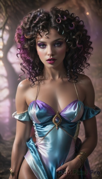 1girl,solo,long hair,breasts,looking at viewer,black hair,hair ornament,dress,cleavage,bare shoulders,jewelry,medium breasts,standing,purple eyes,collarbone,purple hair,multicolored hair,cowboy shot,parted lips,detached sleeves,artist name,signature,dark skin,off shoulder,nail polish,blurry,bracelet,two-tone hair,dark-skinned female,tree,lips,fingernails,eyelashes,makeup,depth of field,blurry background,blue dress,watermark,wavy hair,lipstick,messy hair,breasts apart,web address,pelvic curtain,side slit,eyeshadow,curly hair,realistic,nose,purple nails,red lips,spaghetti strap,bangle,dappled sunlight,purple lips,mascara,earrings