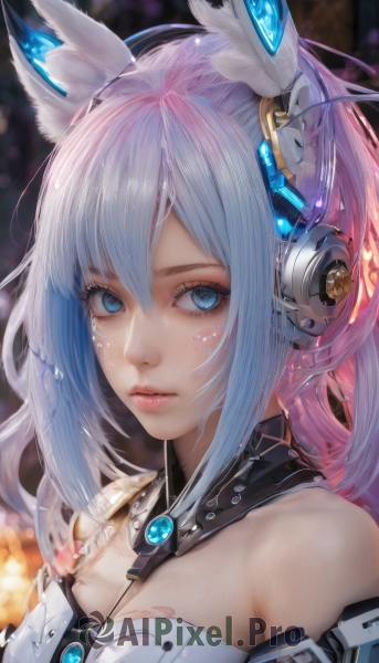 1girl,solo,long hair,breasts,looking at viewer,bangs,blue eyes,animal ears,cleavage,hair between eyes,bare shoulders,medium breasts,closed mouth,blue hair,upper body,ponytail,multicolored hair,cat ears,blurry,lips,fox ears,eyelashes,detached collar,depth of field,headgear,headphones,portrait,nose,pink hair,sidelocks,artist name,gradient hair,blurry background,facial mark,expressionless,close-up,pink lips,realistic