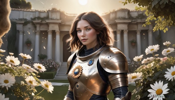 1girl,solo,long hair,looking at viewer,brown hair,brown eyes,jewelry,upper body,flower,outdoors,medium hair,armor,tree,lips,sunlight,plant,white flower,shoulder armor,gem,backlighting,pauldrons,breastplate,realistic,nose,pillar,daisy,garden,plate armor,short hair,blue eyes,stairs