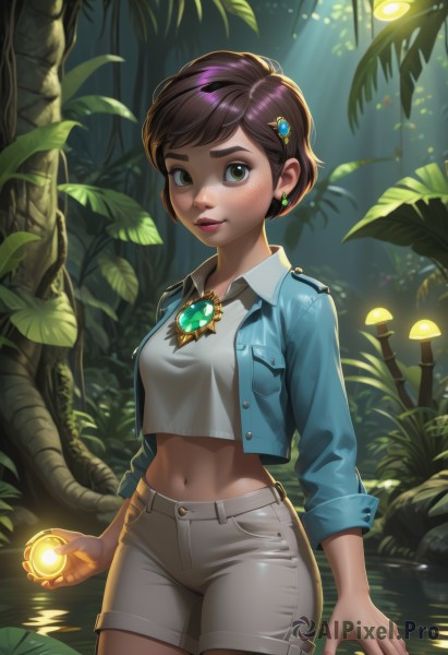 1girl,solo,breasts,looking at viewer,smile,short hair,brown hair,shirt,hair ornament,long sleeves,navel,brown eyes,jewelry,medium breasts,green eyes,standing,jacket,white shirt,cowboy shot,earrings,outdoors,parted lips,open clothes,shorts,hairclip,midriff,artist name,dark skin,water,necklace,open jacket,dark-skinned female,tree,lips,crop top,fingernails,short shorts,makeup,glowing,leaf,thick eyebrows,plant,lipstick,blue jacket,brooch,gem,nature,sleeves rolled up,forest,freckles,cropped jacket,nose,crop top overhang,grey shorts,bangs,holding,collared shirt,stomach,sunlight,denim,stud earrings,light,mushroom,dappled sunlight,brown shorts,cropped shirt,denim jacket