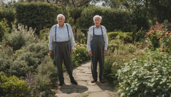 looking at viewer,short hair,blonde hair,shirt,long sleeves,closed mouth,standing,full body,white shirt,flower,white hair,male focus,outdoors,multiple boys,shoes,day,collared shirt,pants,dark skin,2boys,tree,facial hair,siblings,brown footwear,black pants,suspenders,aged down,plant,nature,scenery,beard,forest,walking,realistic,arms at sides,bush,old,old man,path,garden,scar,grass,scar on face,bald