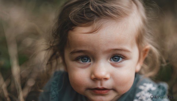 1girl,solo,looking at viewer,blue eyes,blonde hair,brown hair,closed mouth,blurry,lips,grey eyes,blood,blurry background,child,portrait,close-up,realistic,female child,long hair,eyelashes,nose