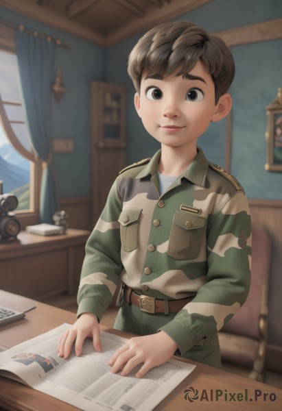 solo,looking at viewer,smile,short hair,brown hair,shirt,long sleeves,1boy,brown eyes,sitting,closed mouth,jacket,male focus,belt,indoors,blurry,uniform,black eyes,book,military,window,military uniform,buttons,blurry background,chair,table,curtains,child,desk,pocket,paper,brown belt,breast pocket,male child,camouflage,military jacket,map,picture (object),lips,thick eyebrows,open book