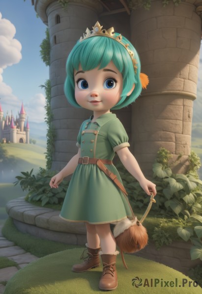 1girl,solo,looking at viewer,smile,short hair,bangs,blue eyes,dress,holding,blue hair,standing,full body,weapon,short sleeves,hairband,boots,outdoors,parted lips,green hair,sky,day,puffy sleeves,belt,artist name,cloud,signature,blue sky,puffy short sleeves,aqua hair,buttons,brown footwear,cloudy sky,grass,tiara,crown,plant,building,sheath,child,buckle,cross-laced footwear,walking,green dress,belt buckle,fantasy,collared dress,female child,brown belt,castle,tower,path,arch,lips,leaf,web address