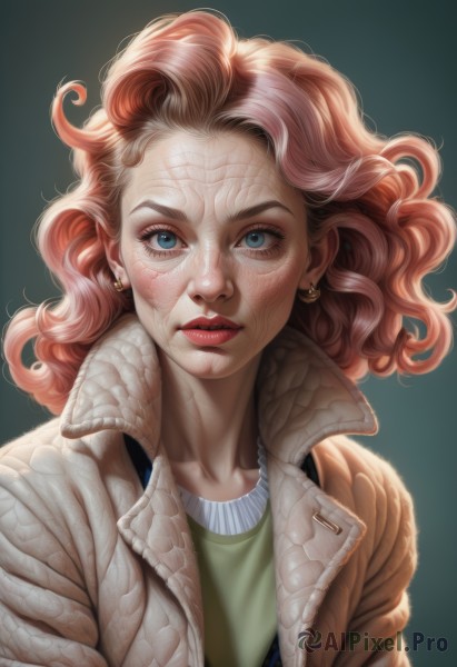 1girl,solo,long hair,looking at viewer,short hair,blue eyes,simple background,brown hair,shirt,jewelry,jacket,upper body,pink hair,red hair,earrings,parted lips,open clothes,lips,coat,eyelashes,makeup,lipstick,portrait,freckles,veins,green background,curly hair,realistic,nose,green shirt,red lips,artist name,orange hair,watermark,wavy hair,web address,eyeshadow,eyeliner,mascara