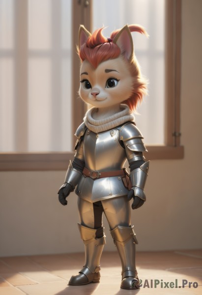 1girl,solo,looking at viewer,smile,short hair,hair ornament,gloves,animal ears,brown eyes,closed mouth,standing,tail,full body,red hair,boots,black gloves,shiny,belt,pants,artist name,indoors,cat ears,signature,orange hair,armor,blurry,black eyes,flat chest,grey eyes,window,:3,blurry background,watermark,happy,shoulder armor,gauntlets,child,furry,clenched hands,pauldrons,pouch,breastplate,furry female,arms at sides,female child,armored boots,body fur,greaves,white fur,faulds,animal nose,topknot,snout,plate armor,cat girl,backlighting,brown pants,whiskers,brown fur