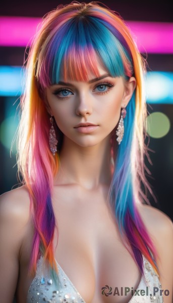 1girl,solo,long hair,breasts,looking at viewer,bangs,blue eyes,dress,cleavage,bare shoulders,jewelry,medium breasts,closed mouth,blue hair,collarbone,upper body,pink hair,multicolored hair,earrings,blunt bangs,blurry,two-tone hair,lips,eyelashes,makeup,blurry background,halterneck,breasts apart,eyeshadow,realistic,nose,bokeh,mascara,rainbow hair,swimsuit,bikini,artist name,gradient hair,watermark,web address,pink lips,eyeliner