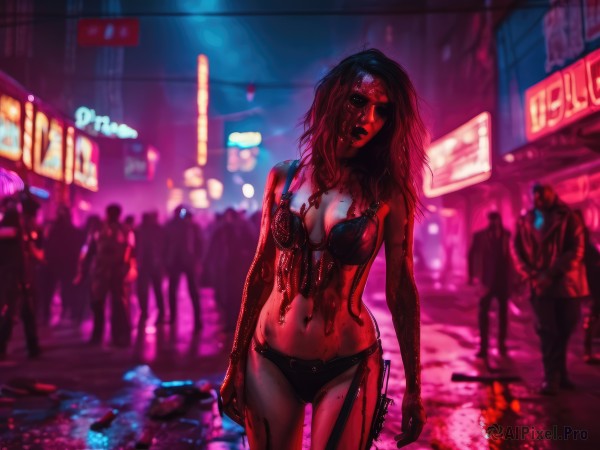 1girl,long hair,breasts,looking at viewer,black hair,navel,holding,cleavage,medium breasts,underwear,standing,panties,swimsuit,weapon,bikini,cowboy shot,outdoors,multiple boys,solo focus,holding weapon,bra,blurry,wet,gun,black panties,blood,night,depth of field,blurry background,underwear only,black bra,holding gun,handgun,blood on face,city,sign,road,blood on clothes,street,zombie,death,cyberpunk,corpse,neon lights,english text,lips,lingerie,front-tie top,realistic,crowd