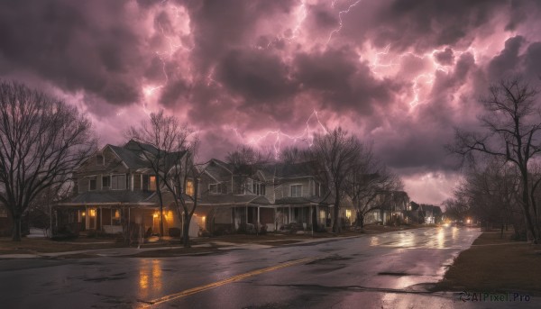 outdoors,sky,cloud,water,tree,no humans,window,night,cloudy sky,ground vehicle,building,scenery,motor vehicle,reflection,rain,electricity,road,house,lamppost,bare tree,street,lightning,fire