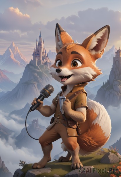 solo,smile,open mouth,shirt,1boy,holding,animal ears,brown eyes,standing,tail,full body,flower,short sleeves,male focus,outdoors,sky,teeth,day,tongue,belt,artist name,cloud,orange eyes,fox ears,fox tail,fangs,watermark,happy,cloudy sky,grass,fox girl,child,microphone,furry,rock,mountain,music,furry male,male child,body fur,holding microphone,brown pants,singing,white fur,castle,mountainous horizon,snout,brown fur,animal feet,barefoot,bag,pouch,fantasy,cliff,fox boy