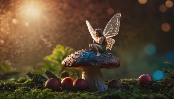 1girl,solo,long hair,black hair,dress,bare shoulders,sitting,outdoors,wings,barefoot,sleeveless,pointy ears,blurry,from side,tree,depth of field,blurry background,grass,nature,scenery,minigirl,fairy wings,fairy,mushroom,wide shot,tree stump,hat,food,fruit,sunlight,fantasy,bokeh,butterfly wings