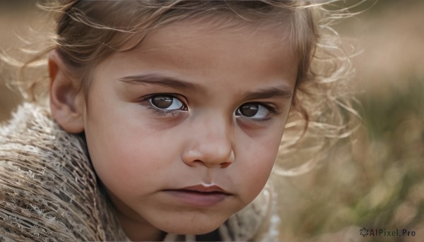 1girl,solo,looking at viewer,short hair,blonde hair,brown eyes,closed mouth,blurry,black eyes,lips,eyelashes,depth of field,blurry background,portrait,close-up,curly hair,realistic,nose,brown hair,artist name,signature,fur trim,watermark,expressionless,serious