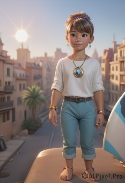 1girl,solo,looking at viewer,smile,short hair,brown hair,shirt,brown eyes,jewelry,standing,full body,white shirt,ponytail,earrings,outdoors,sky,day,belt,pants,dark skin,necklace,nail polish,blurry,flat chest,bracelet,dark-skinned female,tree,lips,toes,blurry background,umbrella,sandals,ring,denim,building,child,pendant,backlighting,toenails,jeans,hoop earrings,city,anklet,palm tree,arms at sides,sun,female child,very dark skin,capri pants,blush,holding,collarbone,hairband,feet,sunlight,plant,sleeves rolled up,realistic,blue pants,toenail polish,brown belt,town,surfboard,pants rolled up