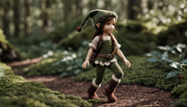 solo,smile,blue eyes,brown hair,1boy,hat,male focus,boots,outdoors,pointy ears,belt,pants,blurry,depth of field,blurry background,brown footwear,child,nature,forest,walking,1girl,bag,tunic,chainmail