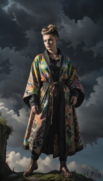 1girl,solo,looking at viewer,brown hair,black hair,long sleeves,brown eyes,jewelry,closed mouth,standing,full body,boots,outdoors,sky,cloud,necklace,hair bun,black eyes,tree,lips,brown footwear,cloudy sky,grass,robe,short hair,male focus,earrings,pants,signature,looking to the side,bird,black pants