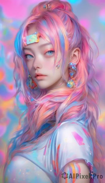 1girl,solo,long hair,breasts,looking at viewer,bangs,blue eyes,shirt,hair ornament,jewelry,medium breasts,closed mouth,blue hair,white shirt,upper body,ponytail,pink hair,short sleeves,multicolored hair,earrings,parted lips,blurry,from side,lips,streaked hair,looking to the side,eyelashes,makeup,blurry background,bandaid,eyeshadow,nose,bandaid on face,colorful,bandaid on forehead,artist name,two-tone hair,parted bangs,t-shirt,gem,pink lips,realistic,mascara