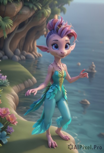 1girl,solo,breasts,smile,short hair,blue eyes,hair ornament,cleavage,bare shoulders,jewelry,closed mouth,standing,purple eyes,collarbone,full body,purple hair,flower,sweat,small breasts,outdoors,barefoot,day,pointy ears,pants,artist name,water,necklace,hair bun,blurry,leotard,tree,fingernails,depth of field,blurry background,colored skin,ocean,leaf,single hair bun,monster girl,furry,pink flower,rock,purple flower,furry female,lake,lotus,fewer digits,looking at viewer,dress,tail,pink hair,hand up,strapless,strapless dress,claws,green dress,fairy wings,fairy