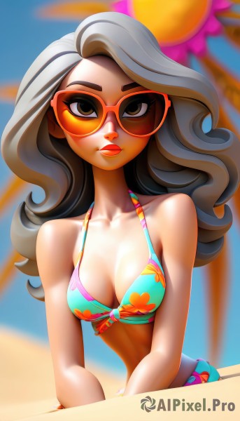 1girl,solo,long hair,breasts,looking at viewer,cleavage,bare shoulders,brown eyes,medium breasts,closed mouth,collarbone,swimsuit,upper body,grey hair,bikini,small breasts,outdoors,sky,day,artist name,blurry,black eyes,tree,blue sky,lips,bare arms,makeup,depth of field,blurry background,halterneck,wavy hair,beach,floral print,sunglasses,lipstick,multicolored clothes,blue bikini,curly hair,palm tree,red lips,summer,tinted eyewear,print bikini,multicolored bikini,orange-tinted eyewear,pink-tinted eyewear,brown hair,official alternate costume