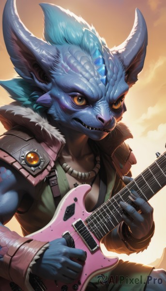 solo,1boy,holding,jewelry,blue hair,yellow eyes,male focus,horns,shorts,teeth,pointy ears,vest,fur trim,colored skin,sharp teeth,instrument,furry,colored sclera,blue skin,guitar,furry male,playing instrument,holding instrument,electric guitar,yellow sclera,plectrum,looking at viewer,gloves,jacket,upper body,sky,fangs,music,alien