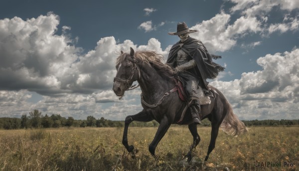 solo,1boy,hat,male focus,boots,outdoors,sky,day,cloud,cape,armor,tree,blue sky,capelet,animal,helmet,cloudy sky,grass,gauntlets,nature,scenery,1other,riding,field,horse,ambiguous gender,horseback riding,reins,saddle,gloves,holding,weapon,flower,pants,black footwear,gun,facial hair,black pants,sheath,facing viewer,cloak,brown headwear,black cape,flower field,cowboy hat,revolver,black cloak,cowboy western