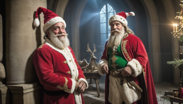 HQ,looking at viewer,smile,long sleeves,hat,standing,weapon,white hair,male focus,multiple boys,belt,pants,sword,indoors,2boys,cape,coat,gun,fur trim,window,facial hair,chair,table,christmas,red headwear,beard,santa hat,brown gloves,santa costume,mustache,candle,antlers,old,christmas tree,old man,fireplace,brown hair,brown eyes,manly,reindeer