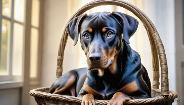 HQ,solo,looking at viewer,brown eyes,closed mouth,indoors,blurry,no humans,window,depth of field,blurry background,animal,chair,dog,realistic,animal focus,whiskers,what,fine art parody,sitting,tongue,tongue out