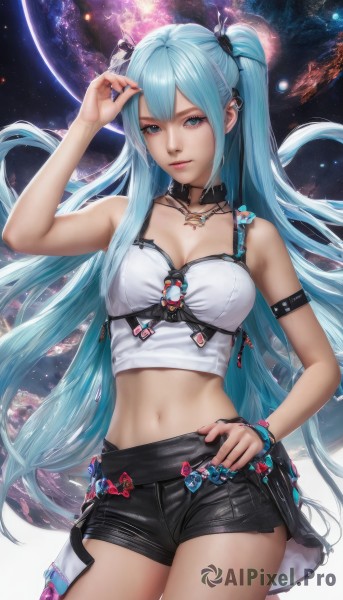 1girl,solo,long hair,breasts,looking at viewer,smile,bangs,blue eyes,shirt,hair ornament,navel,cleavage,bare shoulders,twintails,jewelry,medium breasts,very long hair,closed mouth,blue hair,standing,collarbone,cowboy shot,shorts,sleeveless,choker,midriff,necklace,stomach,star (symbol),nail polish,arm up,bracelet,two side up,lips,crop top,hand on hip,short shorts,aqua hair,black shorts,piercing,tank top,armlet,realistic,space,planet,sidelocks,aqua eyes,ring,star (sky),armband,nose,hand on own head,arm strap,earth (planet)