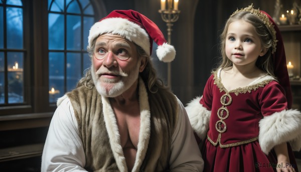 HQ,1girl,long hair,blue eyes,blonde hair,brown hair,1boy,hat,dress,grey hair,parted lips,indoors,fur trim,window,night,facial hair,red dress,child,christmas,red headwear,beard,santa hat,santa costume,realistic,mustache,candle,manly,old,father and daughter,bug,aged down,looking up,butterfly,female child,old man