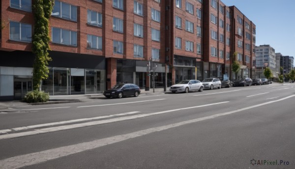 outdoors,sky,day,tree,blue sky,no humans,window,shadow,plant,ground vehicle,building,scenery,motor vehicle,city,sign,car,road,cityscape,vehicle focus,lamppost,street,road sign,traffic light,crosswalk,real world location,watermark