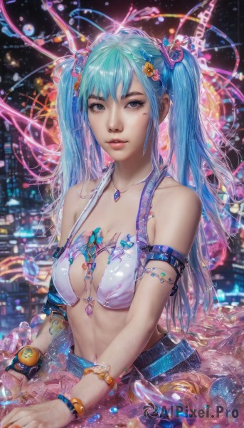 hatsune miku,1girl,solo,long hair,breasts,looking at viewer,bangs,blue eyes,hair ornament,navel,cleavage,bare shoulders,twintails,jewelry,medium breasts,blue hair,collarbone,swimsuit,upper body,flower,bikini,small breasts,parted lips,midriff,shiny,belt,hair flower,necklace,stomach,nail polish,bracelet,aqua eyes,lips,eyelashes,aqua hair,tattoo,makeup,white bikini,bug,gem,bikini top only,armlet,pendant,watch,realistic,nose,wristwatch,skirt,artist name,bra,blurry,grey eyes,night,watermark,ring,armband,web address