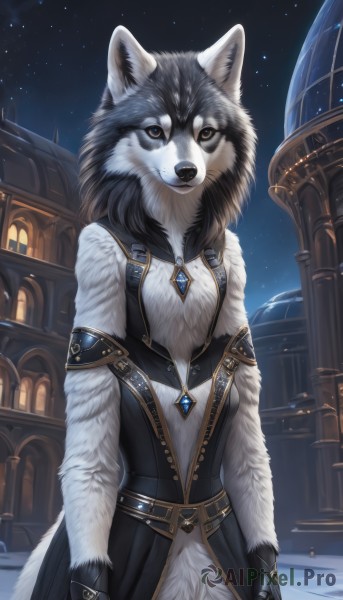 1girl,solo,breasts,looking at viewer,smile,gloves,animal ears,brown eyes,jewelry,closed mouth,standing,tail,cowboy shot,outdoors,sky,belt,artist name,signature,necklace,night,brooch,building,gem,star (sky),night sky,furry,buckle,pendant,starry sky,furry female,arms at sides,body fur,white fur,wolf,fluffy,dress,small breasts,arch