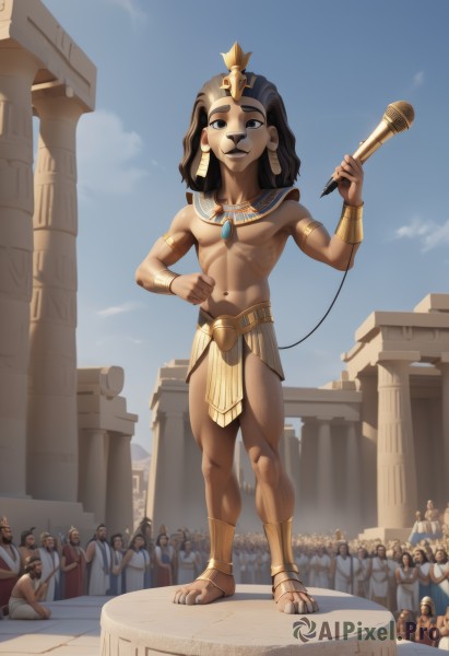 long hair,looking at viewer,smile,black hair,1boy,navel,holding,jewelry,standing,full body,male focus,earrings,outdoors,multiple boys,sky,barefoot,solo focus,day,dark skin,necklace,black eyes,blue sky,muscular,abs,sandals,pectorals,muscular male,microphone,pelvic curtain,furry,armlet,6+boys,toned,topless male,bracer,furry male,holding microphone,pillar,statue,crowd,egyptian,egyptian clothes,1girl,short hair,nipples,weapon,medium hair,holding weapon,armor,grin,collar,hair tubes,crown,toenails,leash,monster boy,gorget,army,usekh collar