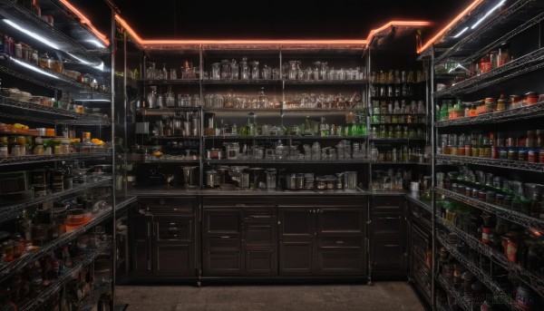 indoors,cup,no humans,bottle,scenery,alcohol,drinking glass,wine glass,stool,wine,shelf,wine bottle,bar (place),counter,ceiling light,food,box,can,light,dark,jar,shop,ceiling,refrigerator,cabinet,loaded interior