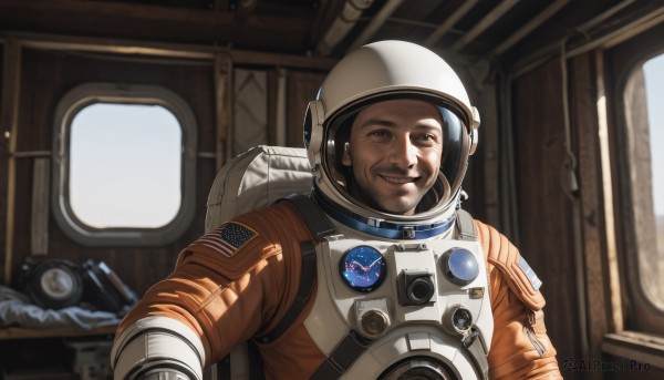 solo,looking at viewer,smile,1boy,upper body,male focus,teeth,indoors,grin,facial hair,helmet,science fiction,realistic,old,spacesuit,astronaut,black hair,brown eyes,blurry,reflection,pilot suit,american flag,pilot,space helmet