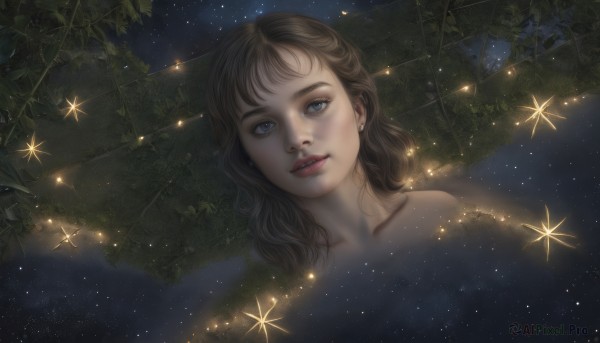 1girl,solo,long hair,looking at viewer,blue eyes,brown hair,jewelry,collarbone,nude,earrings,parted lips,sky,star (symbol),lips,night,leaf,plant,portrait,star (sky),starry sky,realistic,vines,ivy,bangs,upper body,outdoors,teeth,grey eyes,eyelashes,night sky,reflection,nose