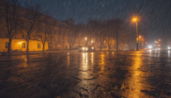 outdoors,sky,cloud,water,tree,dutch angle,no humans,night,ground vehicle,building,night sky,scenery,motor vehicle,reflection,rain,city,car,light,road,bench,bridge,power lines,lamppost,bare tree,street,puddle,wet,window,water drop,pavement