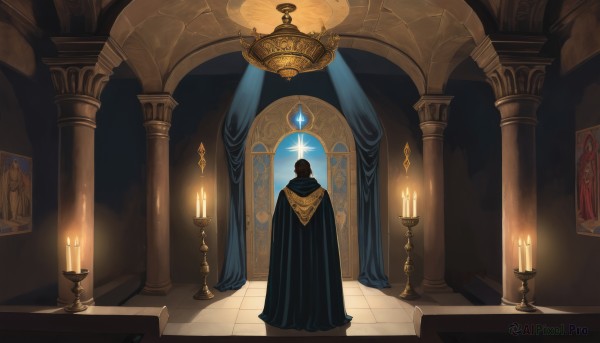 solo,1boy,standing,male focus,indoors,hood,from behind,cape,fire,scenery,cloak,robe,stairs,tiles,facing away,light,candle,tile floor,wide shot,pillar,flame,statue,painting (object),candlestand,black robe,chandelier,candlelight,gem,fantasy,hooded cloak,black cloak,ambiguous gender,arch,column