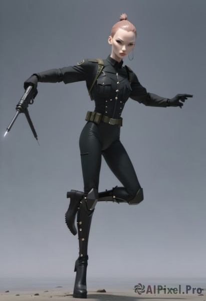 1girl,solo,breasts,looking at viewer,short hair,blonde hair,simple background,brown hair,shirt,gloves,long sleeves,holding,brown eyes,jewelry,medium breasts,standing,jacket,full body,ponytail,weapon,earrings,boots,black gloves,belt,pants,grey background,black footwear,holding weapon,uniform,high heels,black jacket,gun,military,bodysuit,makeup,black pants,leg up,single hair bun,standing on one leg,knee boots,knife,holding gun,high heel boots,pouch,hoop earrings,holding knife,leather,belt pouch,closed mouth,black eyes,lips,lipstick,handgun,police