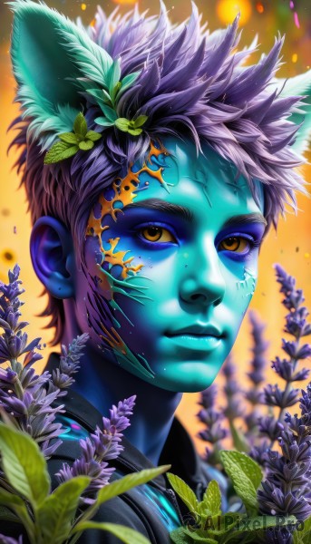 solo,looking at viewer,short hair,hair ornament,1boy,animal ears,closed mouth,yellow eyes,upper body,pink hair,purple hair,flower,male focus,artist name,hair flower,blurry,lips,colored skin,leaf,facial mark,feathers,plant,spiked hair,portrait,colored sclera,nose,blue skin,brown eyes,signature,headphones,green skin