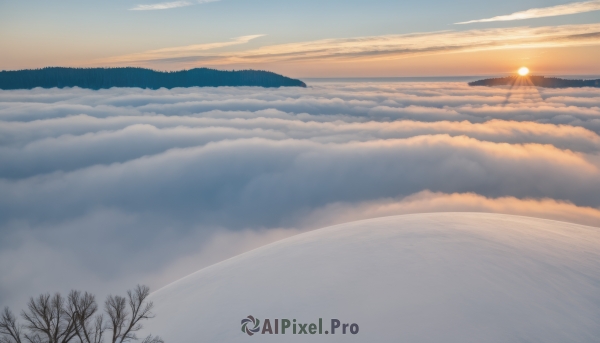 outdoors,sky,day,cloud,water,tree,blue sky,no humans,ocean,sunlight,cloudy sky,nature,scenery,reflection,sunset,mountain,sun,horizon,bare tree,landscape,gradient sky,sunrise