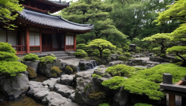 outdoors,day,water,tree,no humans,grass,plant,building,nature,scenery,forest,rock,stairs,bush,architecture,east asian architecture,shrine,path,moss,stone,stone lantern,house,river,pond