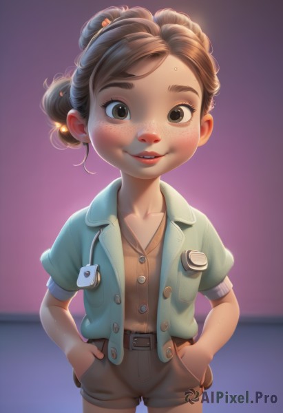 1girl,solo,looking at viewer,smile,short hair,brown hair,shirt,hair ornament,brown eyes,standing,collarbone,jacket,short sleeves,cowboy shot,parted lips,open clothes,shorts,teeth,belt,hair bun,flat chest,lips,short shorts,buttons,single hair bun,thick eyebrows,child,freckles,purple background,hands in pockets,unbuttoned,female child,bangs,sweat,open jacket,loli,blurry background,backlighting,nose,brown shorts