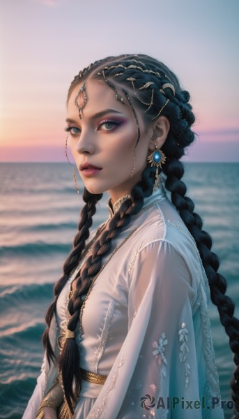 1girl,solo,long hair,breasts,looking at viewer,blue eyes,black hair,hair ornament,long sleeves,dress,jewelry,very long hair,green eyes,upper body,braid,earrings,small breasts,outdoors,parted lips,sky,day,artist name,dark skin,water,necklace,white dress,blurry,twin braids,from side,lips,see-through,looking to the side,eyelashes,makeup,depth of field,blurry background,ocean,beach,lipstick,gem,forehead,eyeshadow,freckles,gold trim,sunset,circlet,realistic,nose,eyeliner,blue gemstone,mascara,green gemstone,multiple braids,dark-skinned female,horizon,forehead jewel,gold,head chain